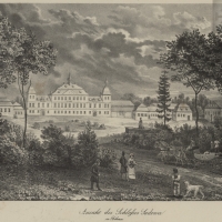 Stavba zámku v Sadové byla ukončena roku 1728 s možnou účastí Jana Blažeje Santiniho Aichla (litografie Adolf Friedrich Kunike, zdroj Jiří Zeman)